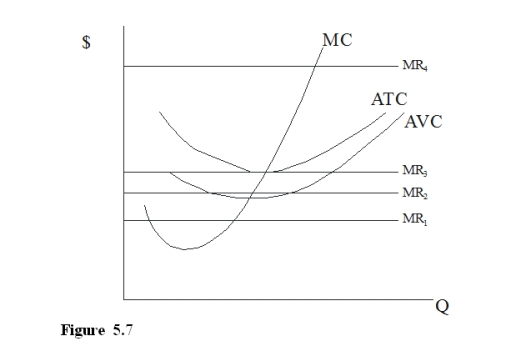 <strong>In Figure 5.7, assuming perfect competition which price(s)is associated with a loss? </strong> A)MR<sub>1</sub> B)MR<sub>2</sub> C)MR<sub>3</sub> D)MR<sub>1</sub> and MR<sub>2</sub>