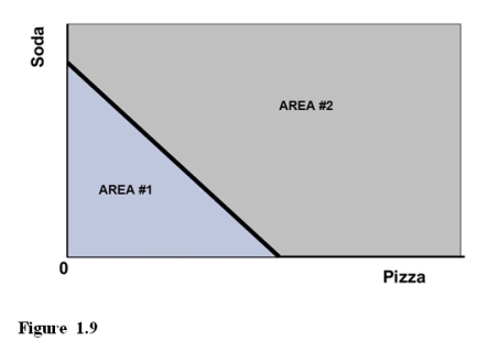   -Referring to Figure 1.9, if a point is unattainable it is in  A) AREA #1 but not on the curve. B) AREA #1 or is on the curve. C) AREA #2 but not on the curve. D) AREA #2 or is on the curve.