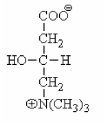 What structure is shown below and what is its main function?   A) Coenzyme A;activation of fatty acids before β-oxidation. B) Carnitine;transport of fatty acyl CoA into the mitochondrial matrix. C) Taurocholate;one of the bile salts. D) Acetoacetate;synthesis of fatty acids.