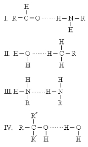 Which is NOT a proper way to form a hydrogen bond? (The symbol  R  represents a general organic group.The hydrogen bonding is represented by dashed lines. )    A) I B) II C) III D) IV