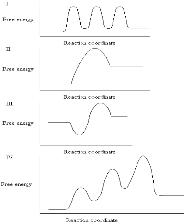 The graphs below all represent the same chemical reaction,but each employing a different catalyst.Which enzyme uses the most efficient mechanism of catalysis?   A) See Graph I. B) See Graph II. C) See Graph III. D) See Graph IV.