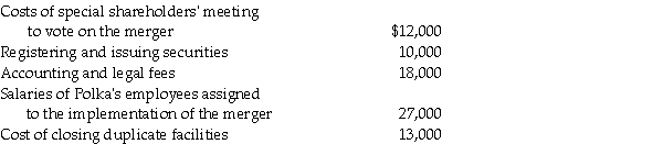 Use the following information to answer the question(s)  below. Polka Corporation exchanges 100,000 shares of newly issued $1 par value common stock with a fair market value of $20 per share for all of the outstanding $5 par value common stock of Spot Inc. and Spot is then dissolved. Polka paid the following costs and expenses related to the business combination:    -When considering an acquisition, which of the following is NOT a method by which one company may gain control of another company? A)  Purchase of the majority of outstanding voting stock of the acquired company. B)  Purchase of all assets and liabilities of another company. C)  Purchase all the outstanding voting stock of the acquired company. D)  All of the above methods result in a company gaining control over another company.