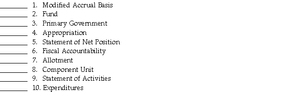 Match the following definitions to the appropriate government accounting terms (numbered below).    <div style=padding-top: 35px> 