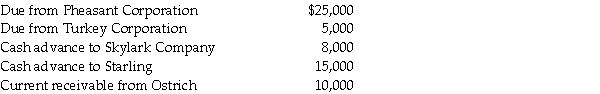 Bird Corporation has several subsidiaries that are included in its consolidated financial statements and several other investments in corporations that are not consolidated.In its year-end trial balance, the following intercompany balances appear.Ostrich Corporation is the unconsolidated company; the rest are consolidated.   What amount should Bird report as intercompany receivables on its consolidated balance sheet? A)  $0 B)  $10,000 C)  $30,000 D)  $63,000