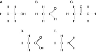 The following questions refer to the molecules shown in Figure 4.7.   Which molecule can increase the concentration of hydrogen ions in a solution and is therefore an organic acid?<div style=padding-top: 35px> 
