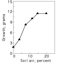 Figure 37.1 shows the results of a study to determine the effect of soil air spaces on plant growth.     Figure 37.1 -The best conclusion from the data in Figure 37.1 is that the plant A) grows best without air in the soil. B) grows fastest in 5 to 10% air. C) grows best at soil air levels above 15%. D) does not respond differently to different levels of air in the soil. E) would grow to 24 grams in 40% soil air.