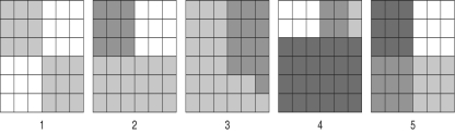 Please refer to the following art to answer the following question.    Figure 54.3 -According to the Shannon Diversity Index, which block would show the greatest diversity? A) 1 B) 2 C) 3 D) 4 E) 5