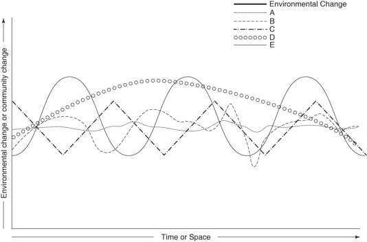 Use what you know about ecosystem stability and the information provided in the graph below to answer the following question -Which community (A-E) would likely be the most  biodiverse ?   A) A B) B C) C D) D E) E