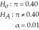 For the following hypothesis test:   With n= 0.42 and p = 0.42,state the conclusion A) Because the calculated value of the test statistic,t=0.4122,is neither greater than 2.013 nor less than -2.013,do not reject the null hypothesis and conclude that the population proportion is not different from 0.40. B) Because the calculated value of the test statistic,t=1.7291,is neither greater than 2.013 nor less than -2.013,do not reject the null hypothesis and conclude that the population proportion is not different from 0.40. C) Because the calculated value of the test statistic,z = 1.2412,is neither greater than 2.575 nor less than -2.575,do not reject the null hypothesis and conclude that the population proportion is not different from 0.40. D) Because the calculated value of the test statistic,z = 0.3266,is neither greater than 2.575 nor less than -2.575,do not reject the null hypothesis and conclude that the population proportion is not different from 0.40.