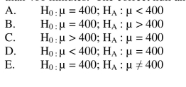 A manufacturer of cordless electric shavers sampled 13 from a day's production And found the mean time of continuous usage without recharging to be 410 minutes with a sample standard deviation of 30 minutes. We can assume that times are normally Distributed. We wish to test if the true mean operating time without recharging is more Than 400 minutes. The correct null and alternative hypotheses are  <div style=padding-top: 35px> 