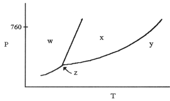   -The phase diagram of a substance is given above. The region that corresponds to the solid phase is ________. A) w B) x C) y D) z E) x and y