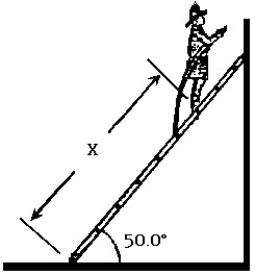   -In the figure,a ladder of weight 200 N and length 10 meters leans against a smooth wall (no friction on wall) .A firefighter of weight 600 N climbs a distance x up the ladder.The coefficient of friction between the ladder and the floor is 0.5.What is the maximum value of x if the ladder is not to slip? A) 3.93 m B) 5.00 m C) 6.04 m D) 6.28 m E) 8.44 m
