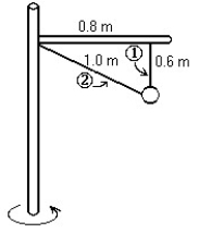   -A ball of mass 8.0 kg is suspended by two wires from a horizontal arm,which is attached to a vertical shaft,as shown in the figure.The shaft is in uniform rotation about its axis such that the linear speed of the ball equals 2.3 m/s.The tension in wire 1 is closest to: A) 39 N B) 49 N C) 29 N D) 20 N E) 9.8 N
