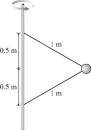 The figure shows two wires that are tied to a 710 g mass that revolves in a horizontal circle at a constant speed of 7.5 m/s.What is the tension in the upper wire?   A) 34 N B) 20 N C) 27 N D) 41 N