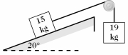 A 15 kg block is on a ramp that is inclined at 20° above the horizontal.It is connected by a string to a 19 kg mass that hangs over the top edge of the ramp.Assuming that frictional forces may be neglected,what is the magnitude of the acceleration of the 19 kg block? (See the figure. )    A) 4.0 m/s<sup>2</sup> B) 3.8 m/s<sup>2</sup> C) 4.2 m/s<sup>2</sup> D) 4.5 m/s<sup>2</sup>