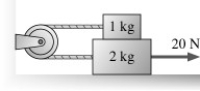 A rope pulls on the lower block in the figure with a tension force of 20 N.The coefficient of kinetic friction between the lower block and the surface is 0.16.The coefficient of kinetic friction between the lower block and the upper block is also 0.16.What is the acceleration of the 2.0 kg block?   A) 6.9 m/s<sup>2</sup> B) 7.6 m/s<sup>2</sup> C) 8.4 m/s<sup>2</sup> D) 9.2 m/s<sup>2</sup>