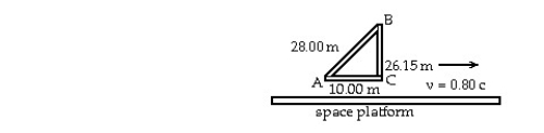   A right-angled construction frame ABC,when measured at rest,has dimensions as follows: AB = 28.00 m,AC = 10.00 m,and BC = 26.15 m.The frame is given a velocity of 0.80 c,relative to the space platform,in a direction parallel to AC.The dimensions of the moving frame are measured simultaneously by observers on the platform.In the figure,the length AB measured by these observers is closest to: A) 26.8 m B) 27.4 m C) 26.2 m D) 25.7 m E) 28.0 m