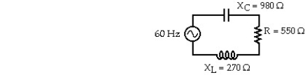   The 60 Hz ac source of a series circuit has a voltage amplitude of 120 V.The capacitive and inductive reactances are 980 Ω and 270 Ω,respectively.The resistance is 550 Ω.In the figure,the capacitance,in μF,is closest to: A) 2.7 B) 5.2 C) 7.8 D) 10 E) 16