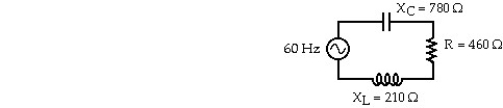  The 60 Hz ac source of a series circuit has a voltage amplitude of 120 V.The capacitive and inductive reactances are 780 Ω and 210 Ω.respectively.The resistance is 460 Ω.In the figure,the rms current in the circuit is closest to: A) 0.12 A B) 0.13 A C) 0.14 A D) 0.16 A E) 0.18 A