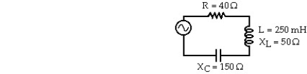   A series AC circuit is shown.The inductor has a reactance of 50 Ω and an inductance of 250 mH.A 40 Ω resistor and a capacitor whose reactance is 150 ohms are also in the circuit.The rms current in the circuit is 2.0 A.In the figure,the rms voltage of the source is closest to: A) 220 V B) 180 V C) 150 V D) 110 V E) 80 V