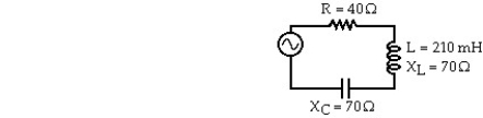   A series AC circuit is shown.The inductor has a reactance of 70 Ω and an inductance of 210 mH.A 40 Ω resistor and a capacitor whose reactance is 70 Ω are also in the circuit.The rms current in the circuit is 1.9 A.In the figure,the capacitance of the capacitor is closest to: A) 43 μF B) 46 μF C) 40 μF D) 37 μF E) 34 μF