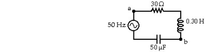   A series circuit has a 50 Hz AC source,a 30 Ω resistor,a 0.30 H inductor,and a 50 μF capacitor,as shown.The rms current in the circuit is 1.6 A.In the figure,the voltage amplitude of the source is closest to: A) 97 V B) 83 V C) 69 V D) 56 V E) 48 V