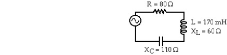   A series AC circuit is shown.The inductor has a reactance of 60 Ω and an inductance of 170 mH.A 80 Ω resistor and a capacitor whose reactance is 110 Ω are also in the circuit.The rms current in the circuit is 1.6 A.In the figure,the voltage amplitude across the capacitor is closest to: A) 250 V B) 180 V C) 320 V D) 390 V E) 110 V