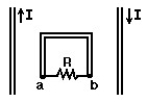   -In the figure,two parallel wires carry a current I in opposite directions.A rectangular loop is midway between the wires.The current I is decreasing.The induced current through the resistor R is: A) zero B) from a to b C) from b to a