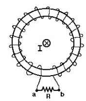   -In the figure,a straight wire carries a current I.The wire passes through the center of a toroidal coil.The current is quickly reduced to zero.The induced current through the resistor R is: A) zero B) from a to b C) from b to a