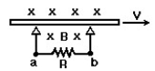   -In the figure,a long bar slides on two contact points and is in motion with velocity ν.A steady,uniform,magnetic field B is present.The induced current through the resistor R is: A) zero B) from a to b C) from b to a