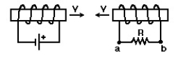 <strong> In the figure,a battery supplies a steady current to the solenoid on the left.The two solenoids are moving toward each other.The induced current through the resistor R is:</strong> A)zero B)from a to b C)from b to a