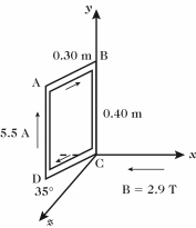   A rigid rectangular loop,which measures 0.30 m by 0.40 m,carries a current of 5.5 A,as shown.A uniform external magnetic field of magnitude 2.9 T in the negative x-direction is present.Segment CD is in the x-z plane and forms a 35° angle with the z-axis,as shown.An external torque applied to the loop keeps it in static equilibrium.The magnitude of the external torque is closest to: A) 1.1 N ∙ m B) 0.73 N ∙ m C) 1.3 N ∙ m D) 1.4 N ∙ m E) 1.6 N ∙ m