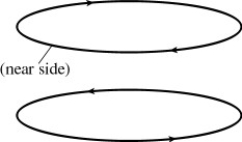 A ring with a clockwise current (as seen from above the ring) is situated with its center directly above another ring,which has a counterclockwise current,as shown in the figure.In what direction is the net magnetic force exerted on the top ring?   A) upward B) downward C) The net force is zero. D) Impossible to determine