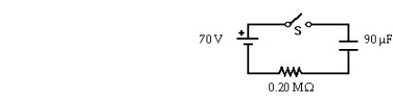   Initially,for the circuit shown,the switch S is open and the capacitor is uncharged.The switch S is closed at time t = 0.In the figure shown,when the time t is equal to 8.0 s,the charge on the capacitor,in μC,is closest to: A) 2300 B) 1800 C) 2700 D) 3200 E) 3600