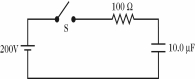 The capacitor shown in the circuit in the figure is initially uncharged when the switch S is suddenly closed.After one time constant,the current through the resistor will be closest to:   A) 0.00 A B) 0.74 A C) 1.0 A D) 1.3 A E) 2.0 A