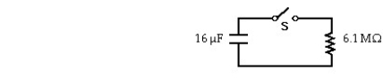   Initially,for the circuit shown,the switch S is open and the capacitor voltage is 80 V.The switch S is closed at time t = 0.In the figure shown,the capacitor voltage when the time t is equal to 40.0 s is closest to: A) 53 V B) 60 V C) 66 V D) 73 V E) 80 V