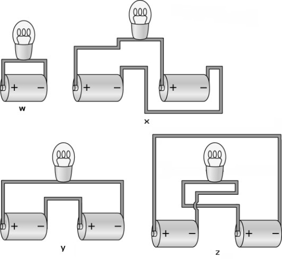 <strong>Identical batteries are connected in different arrangements to the same lightbulb,as shown in the figure.For which arrangement will the bulb shine the least?  </strong> A)w B)x C)y D)z <div style=padding-top: 35px> 