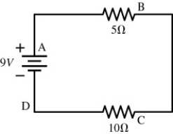 <strong>A 9 V battery is hooked up to two resistors in series.One has a resistance of 5 Ω,and the other has a resistance of 10 Ω.Several locations along the circuit are marked with letters,as shown in the figure.If the voltage is zero at the negative terminal of the battery,the voltage at location B is  </strong> A)greater than 4.5 V. B)less than 4.5 V. C)zero. D)4.5 V. <div style=padding-top: 35px> 