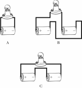 <strong>Identical batteries are connected in different arrangements to the same lightbulb,as shown in the figure.For which arrangement will the bulb shine the brightest?  </strong> A)A B)B C)C <div style=padding-top: 35px> 