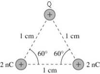In the figure Q = 5.8 nC and all other quantities are exact.What is the magnitude of the force on the charge Q?   A) 1.8 × 10<sup>-3 </sup>N B) 1.0 × 10<sup>-3</sup> N C) 9.0 × 10<sup>-4</sup> N D) 1.2 × 10<sup>-3</sup> N