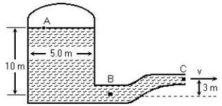 <strong> A pressurized cylindrical tank,5.0 m in diameter,contains water that emerges from the pipe at point C,with a velocity of 13 m/s.Point A is 10 m above point B and point C is 3 m above point B.The area of the pipe at point B is 0.08 m<sup>2</sup> and the pipe narrows to an area of 0.04 m<sup>2</sup> at point C.Assume the water is an ideal fluid in laminar flow.The density of water is 1000 kg/m<sup>3</sup>.In the figure,the mass flow rate in the pipe is closest to:</strong> A)520 Kg/s B)470 Kg/s C)420 Kg/s D)360 Kg/s E)310 Kg/s
