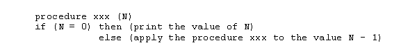 Which of the following is the base case in the recursive procedure below?   A)  N > 0 B)  N = 0 C)  N < 0