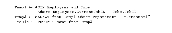 Given the relation Employees containing the attributes Name, Address, and CurrentJobID and the relation Jobs containing the attributes JobID, SkillRating, Department, what question is answered by the following sequence of operations?  