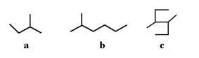 Which of the following molecules is a branched hydrocarbon?   A) a B) b C) c D) All of the above are branched hydrocarbons. E) only a and b