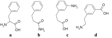 Which of the following structures could represent an amino acid that is found in a biological system?   A) a B) b C) c D) d E) c and d