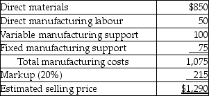 Answer the following question(s) using the information below. Gerry's Generator Supply is approached by Mr.Gladstone,a new customer,to fulfill a large one-time-only special order for a product similar to one offered to regular customers.Gerry's Generator Supply has excess capacity.The following per unit data apply for sales to regular customers:    -If Mr.Gladstone wanted a long-term commitment for supplying this product,what price would most likely be quoted to him? A) $1,000 B) $1,200 C) $1,290 D) $1,400 E) $1,075