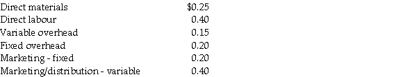 <strong>Ratzlaff Company has a current production level of 20,000 units per month.Unit costs at this level are: Current monthly sales are 18,000 units.Jim Company has contacted Ratzlaff Company about purchasing 1,500 units at $2.00 each.Current sales would NOT be affected by the one-time-only special order,and variable marketing/distribution costs would NOT be incurred on the special order.What is Ratzlaff Company's change in operating profits if the special order is accepted?</strong> A)$400 increase in operating profits B)$400 decrease in operating profits C)$1,800 increase in operating profits D)$1,800 decrease in operating profits E)$1,500 increase in operating profits