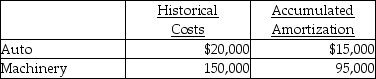 Econ Services has requested your services in determining the book values of the following assets,respectively.   General repairs and maintenance for the automobile amounted to $4,000.Machinery maintenance included $2,000 for general upkeep. What are the book values for Auto and Machinery,respectively? A) $5,000;$55,000 B) $9,000;$57,000 C) $20,000;$150,000 D) $35,000;$245,000 E) $1,000;$53,000