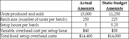 Answer the following question(s) using the information below. Munoz Inc.produces a special line of plastic toy racing cars in batches.To manufacture a batch of the cars Munoz Inc.must setup the machines and molds.Setup costs are batch-level costs because they are associated with batches rather than individual units of products.A separate Setup Department is responsible for setting up machines and molds for different styles of car. Setup overhead costs consist of some costs that are variable and some costs that are fixed with respect to the number of setup hours.The following information pertains to June 2012:    -Calculate the efficiency variance for variable setup overhead costs. A) $1,900 unfavourable B) $600 favourable C) $1,900 favourable D) $600 unfavourable E) $400 unfavourable