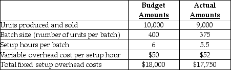 Answer the following question(s) using the information below. Lukehart Industries Inc.produces air purifiers in batches.To manufacture a batch of the purifiers Lukehart Inc.must setup the machines and assembly line tooling.Setup costs are batch-level costs because they are associated with batches rather than individual units of products.A separate Setup Department is responsible for setting up machines and tooling for different models of the air purifiers. Setup overhead costs consist of some costs that are variable and some costs that are fixed with respect to the number of setup hours.The following information pertains to June 2012:    -Calculate the rate variance for variable setup overhead costs. A) $150 unfavourable B) $150 favourable C) $264 unfavourable D) $264 favourable E) $114 favourable